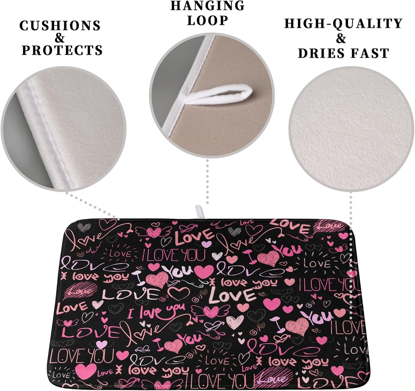 Mother's Day Dish Drying Mat for Kitchen Counter Love Heart Black Drying Mats Absorbent Reversible Microfiber Dish Pad Washable Dish Draining Mat Extra Large 18x24 Inch