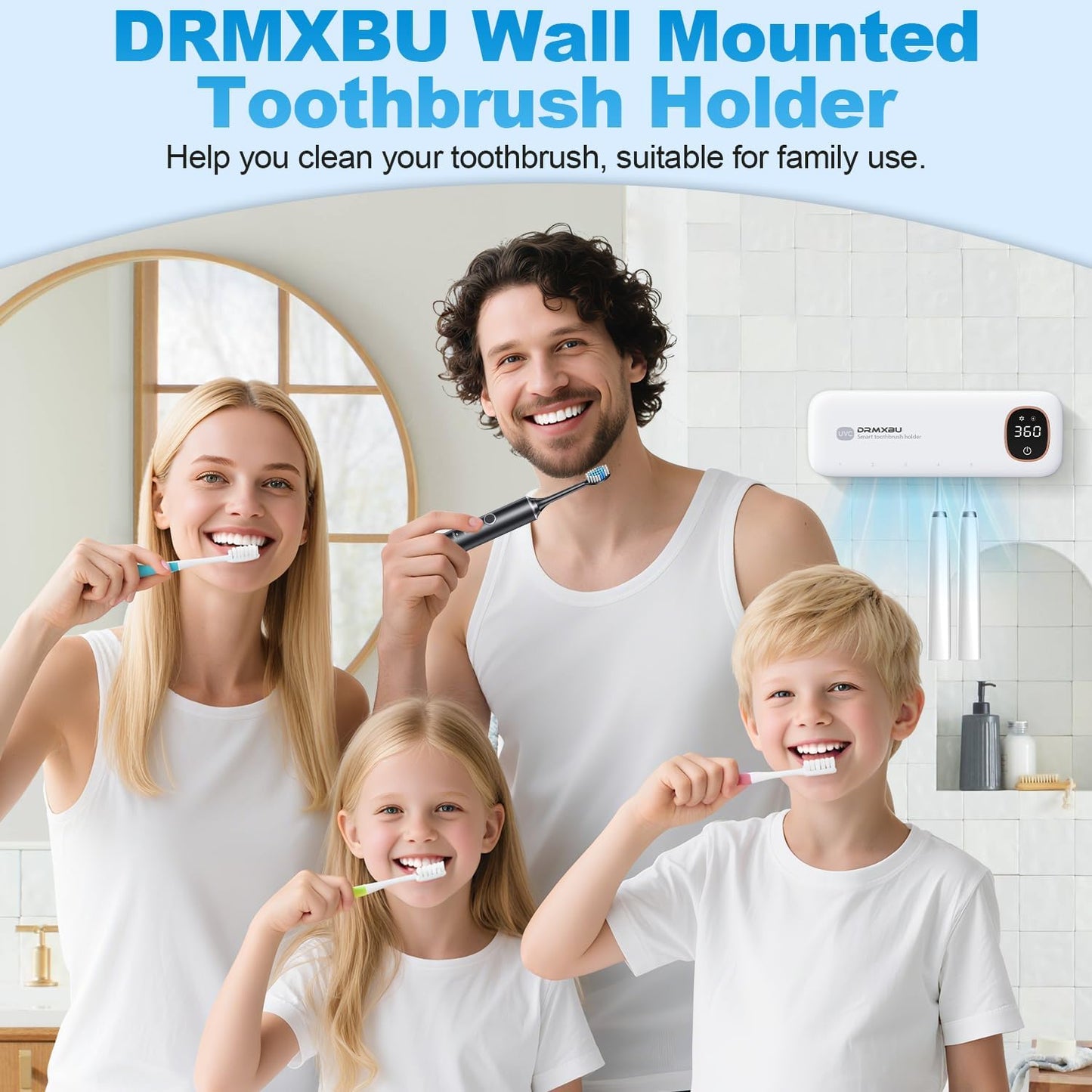 Toothbrush Sanitizer and Holder, DRMXBU Toothbrush Holders for Bathrooms with Light Clean Air Dry, Rechargeable Toothbrush Holders Wall Mounted with 5 Slots, Timer Function Tooth Brush Cleaner Case