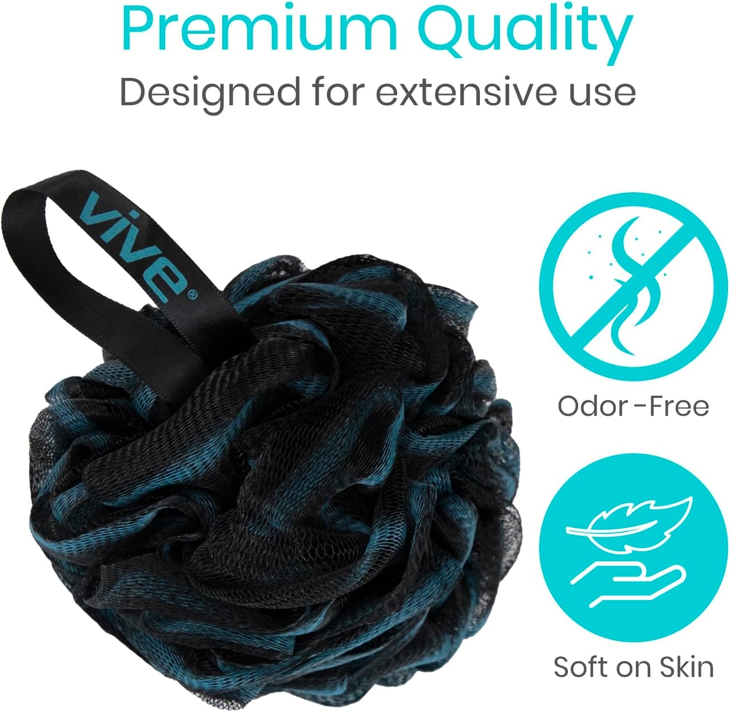 Vive Loofah Sponge Replacement (4 Pk) Shower & Bath Pouf Scrubber for Back & Body Exfoliation, Works with Vive Interchangeable Loofa Handle Long Brush (Replacement Sponge Black and Blue (4 Pack), 4)