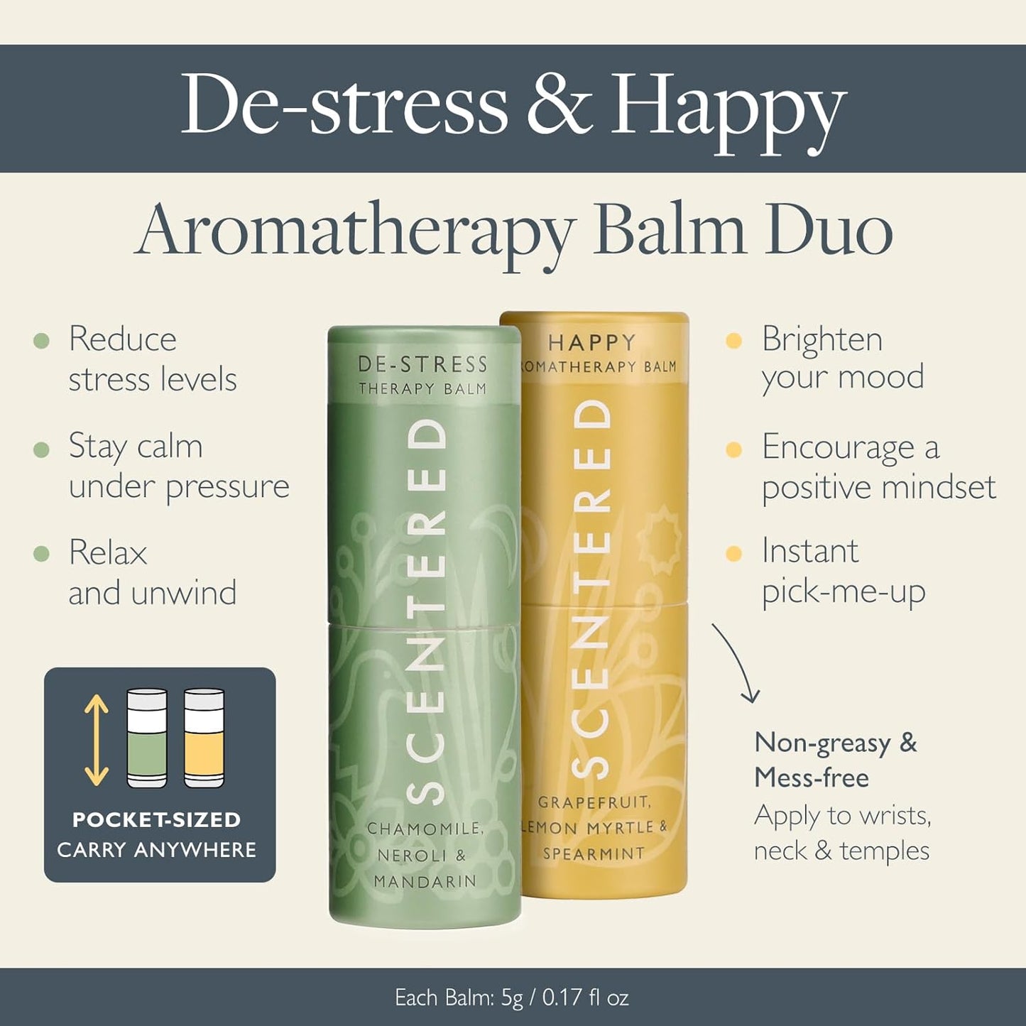 Scentered Aromatherapy Balm Stick Duo for Stress Relief & Positivity - Roll On Essential Oil Blends of Grapefruit, Lemon, Chamomile - Aromatherapy Gifts for Women - De-Stress & Happy