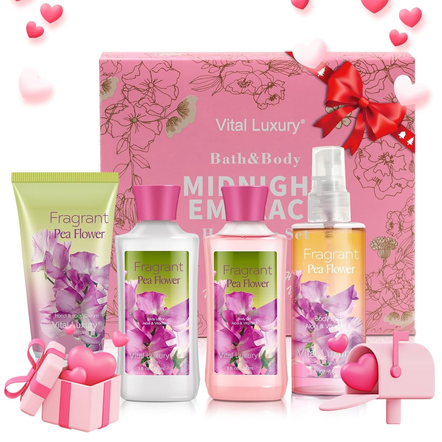 Sweet Pea Bath & Body Kit, 3 Fl Oz, Ideal Skincare Gift Home Spa Set, Includes Body Lotion, Shower Gel, Body Cream, and Fragrance Mist, Birthday Mother's Valentine's Day Gifts for Her