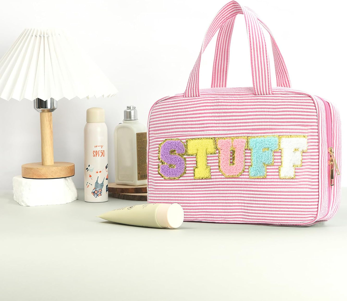 Travel Toiletry Bag for Women Chenille Letter Cosmetic Bag Fashion Stripes Water-resistant Makeup Bag with Hanging Hook for Store Toiletries Cosmetic Accessories Large Capacity Pink