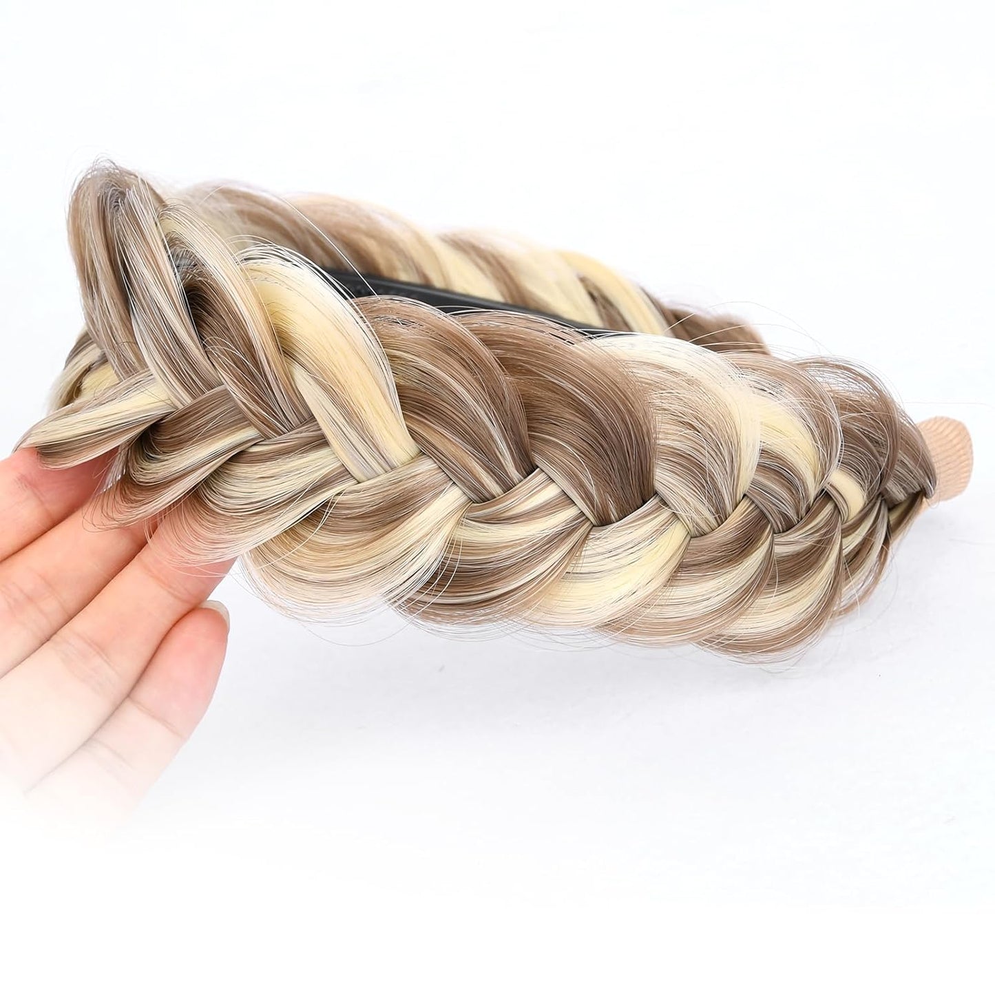 DIGUAN Wide Messy Braided Headband With Teeth Synthetic Hair Plaited Headband High Elasticity Braids Chunky Fishtail Braided Hair Band Hairpiece for Girls Wome (Light Highlighted)