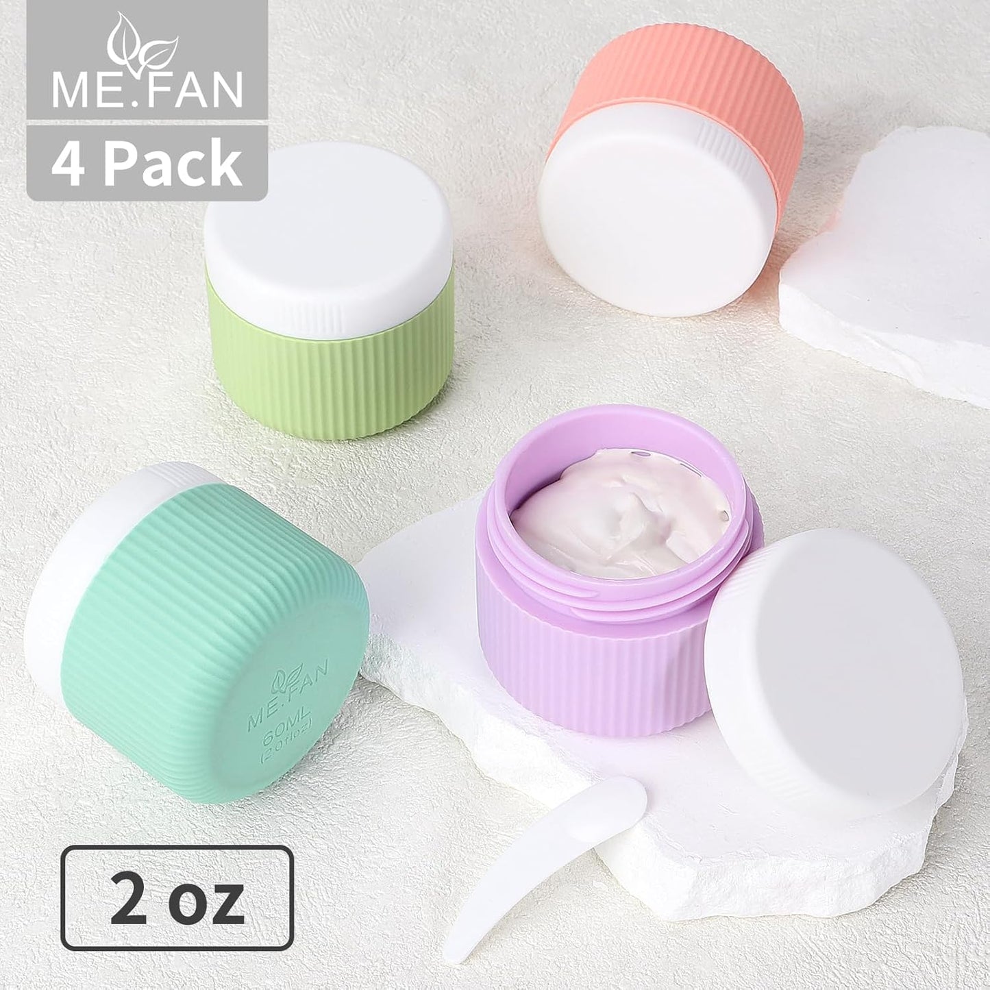 ME.FAN Travel Containers for Toiletries, TSA Approved 2 oz Silicone Cream Jars, Leak-proof Journey Containers, Trip Accessories with Lid for Cosmetic Face Hand Body Cream 4 Pack White Lid Bright