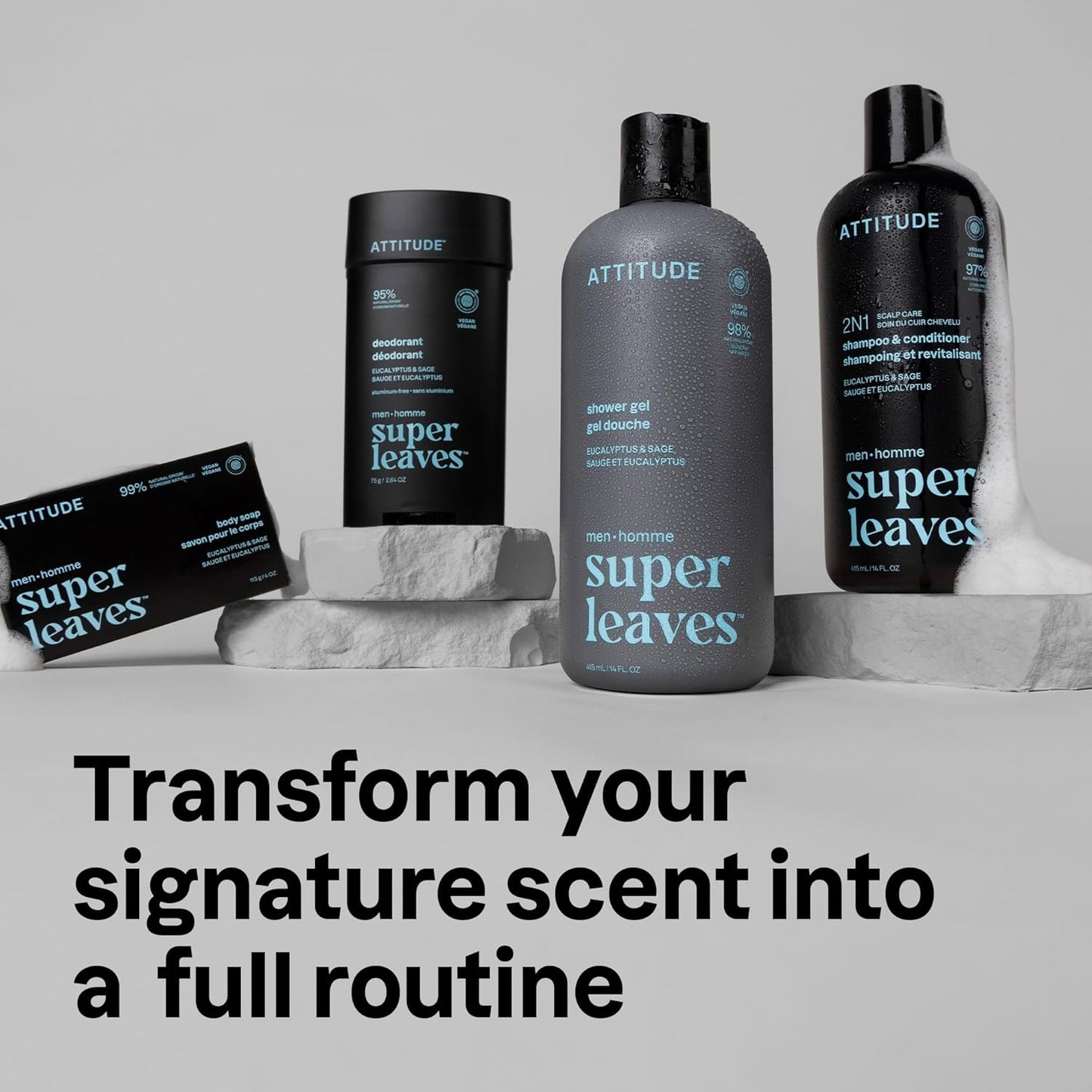 ATTITUDE Shower Gel Body Wash for Men, 98% Natural Origin Ingredients, Paraben & Phthalate Free, EWG Verified, Cleanses Without Drying, Eucalyptus & Sage, 14 Fl Oz (Pack of 3)