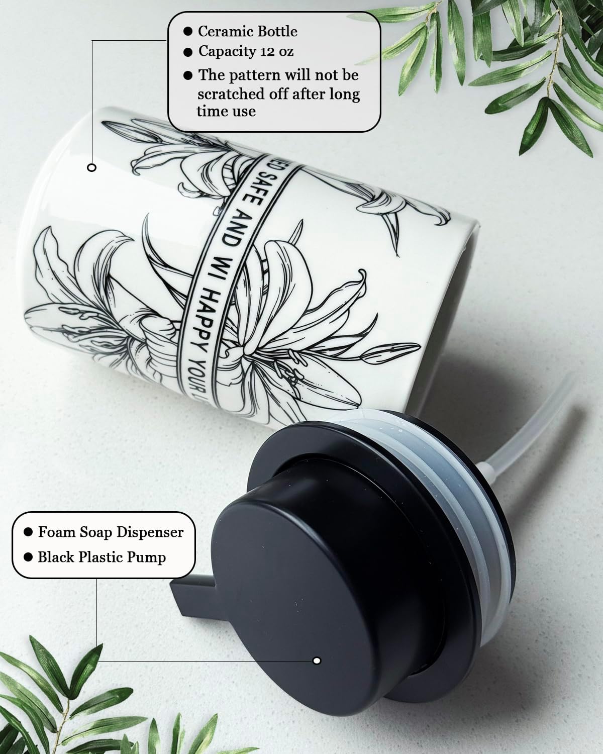 Ceramic White Foam Soap Dispenser for Bathroom & Kitchen,Lily Pattern Hand Sanitizer Bottle,Chic Home Deco (Foam)