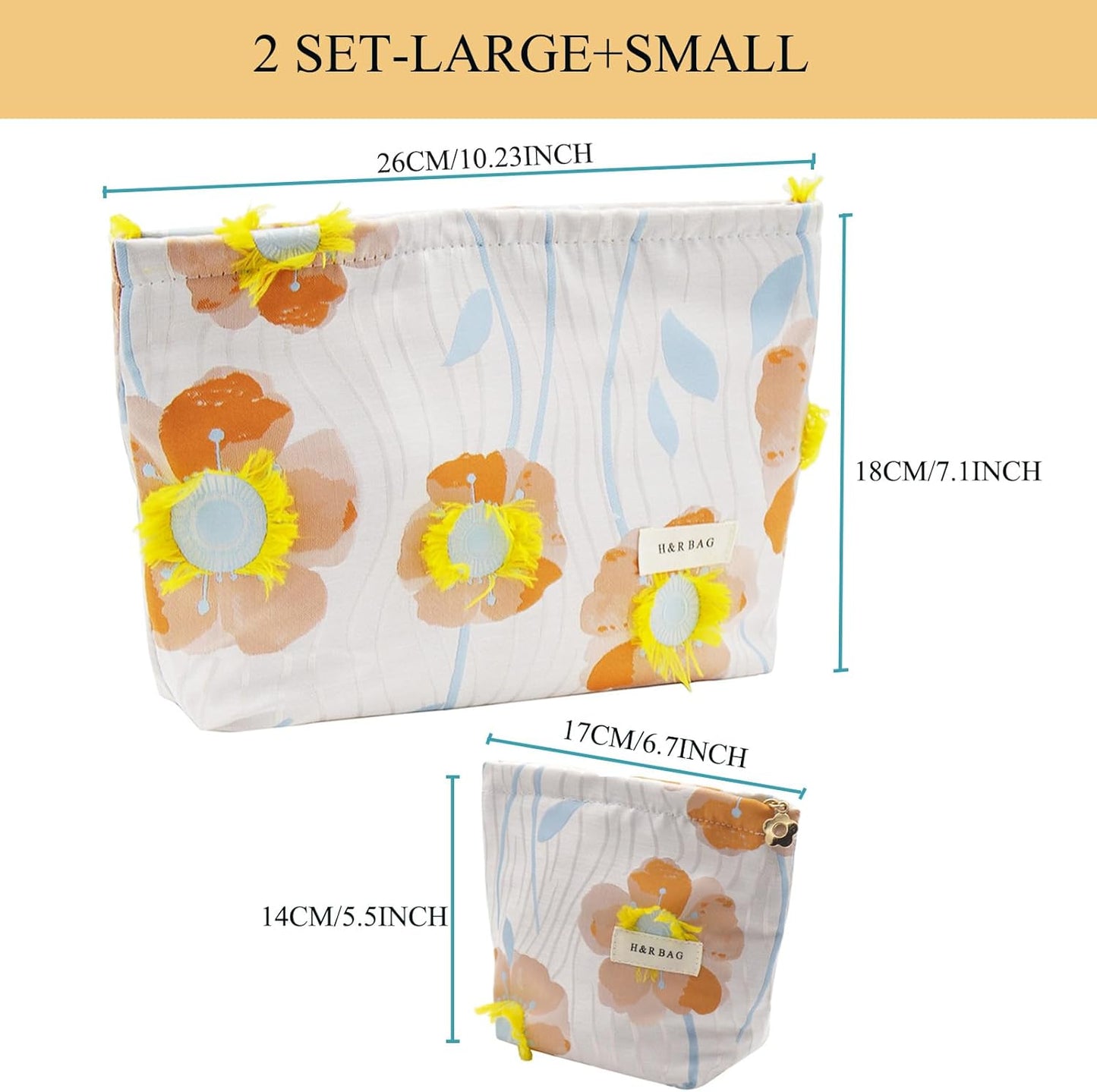 2 Pcs Makeup Bags, Large Cosmetic Bag Travel Toiletry Bag Organizer for Women, Embroidery Craft, Floral Makeup Bag Small Cosmetic Pouch Purse with Zipper Gifts for Girls Teen