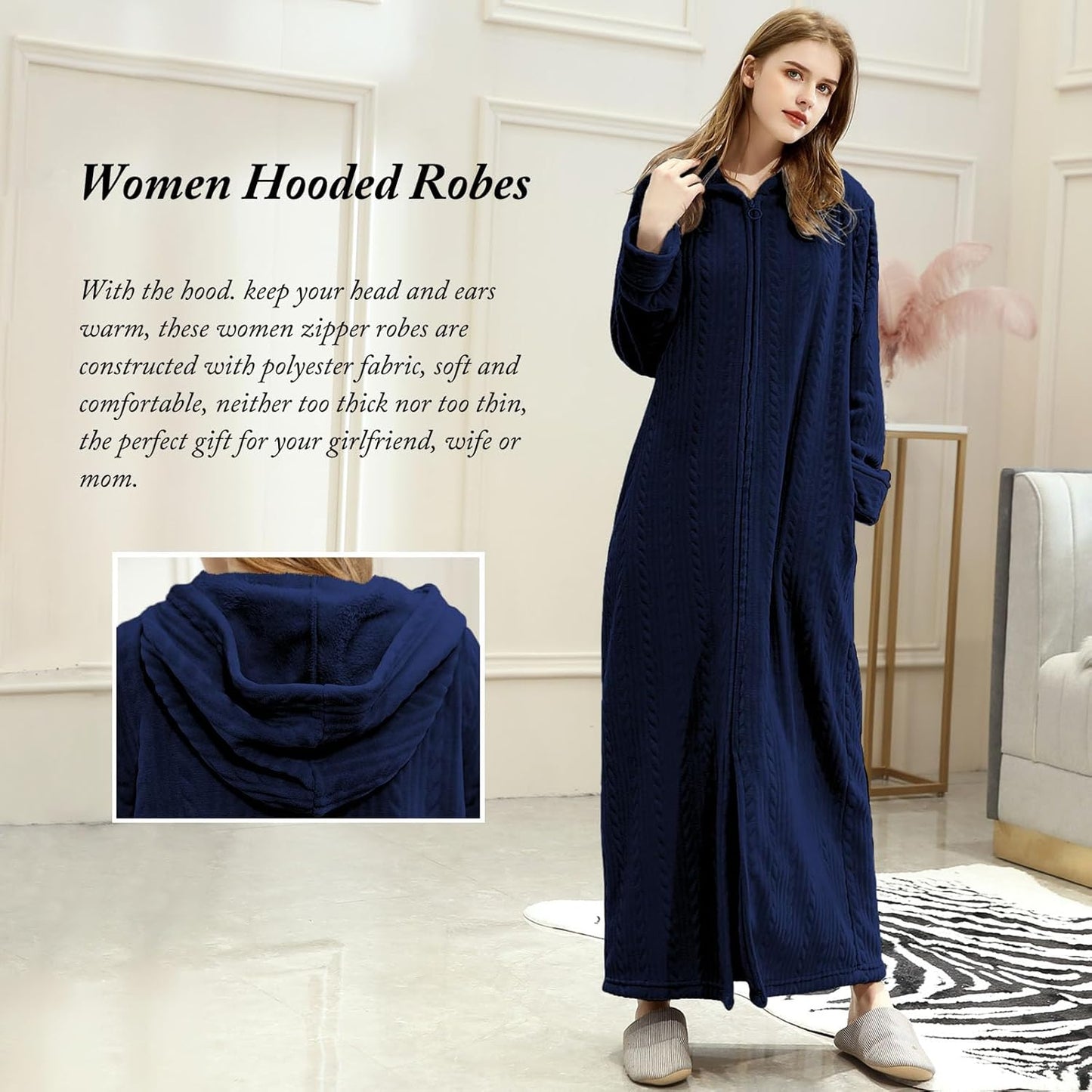 Hellomamma Long Hooded Zipper Bathrobe for Womens Flannel Fleece Robes Winter Warm Housecoat Nightgown Sleepwear Pajamas