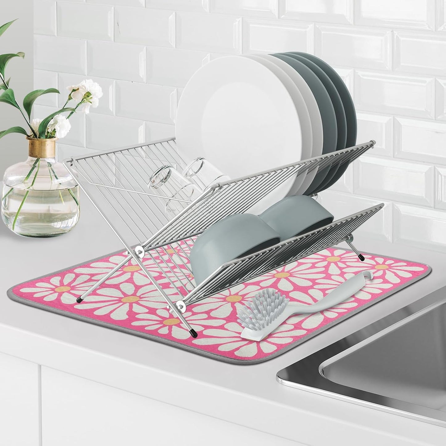 SHIYUE Dish Drying Mat for Kitchen Counter Super Absorbent Spring Kitchen Decor Microfiber Drying Matainers Rack Fast Pad Dish Drainer Mats(Pink Flower,16''x18'')