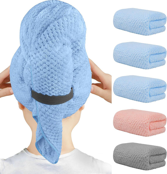 HOMEXCEL 5 Pack Microfiber Hair Towels - 40 x 20 inches Super Soft, Fast Drying Turbans for Long, Thick, Curly Hair - Anti Frizz Wrap with Elastic Strap, Blue/Pink/Grey