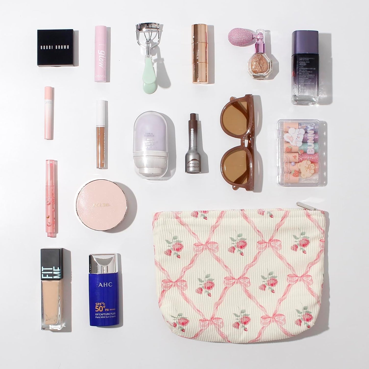 Cosmetic Bags for Women - Corduroy Cosmetic Bag Aesthetic Women Handbags Purses Smile Dots Makeup Organizer Storage Makeup Bag Girls Case Bags (Flowers-Bow)