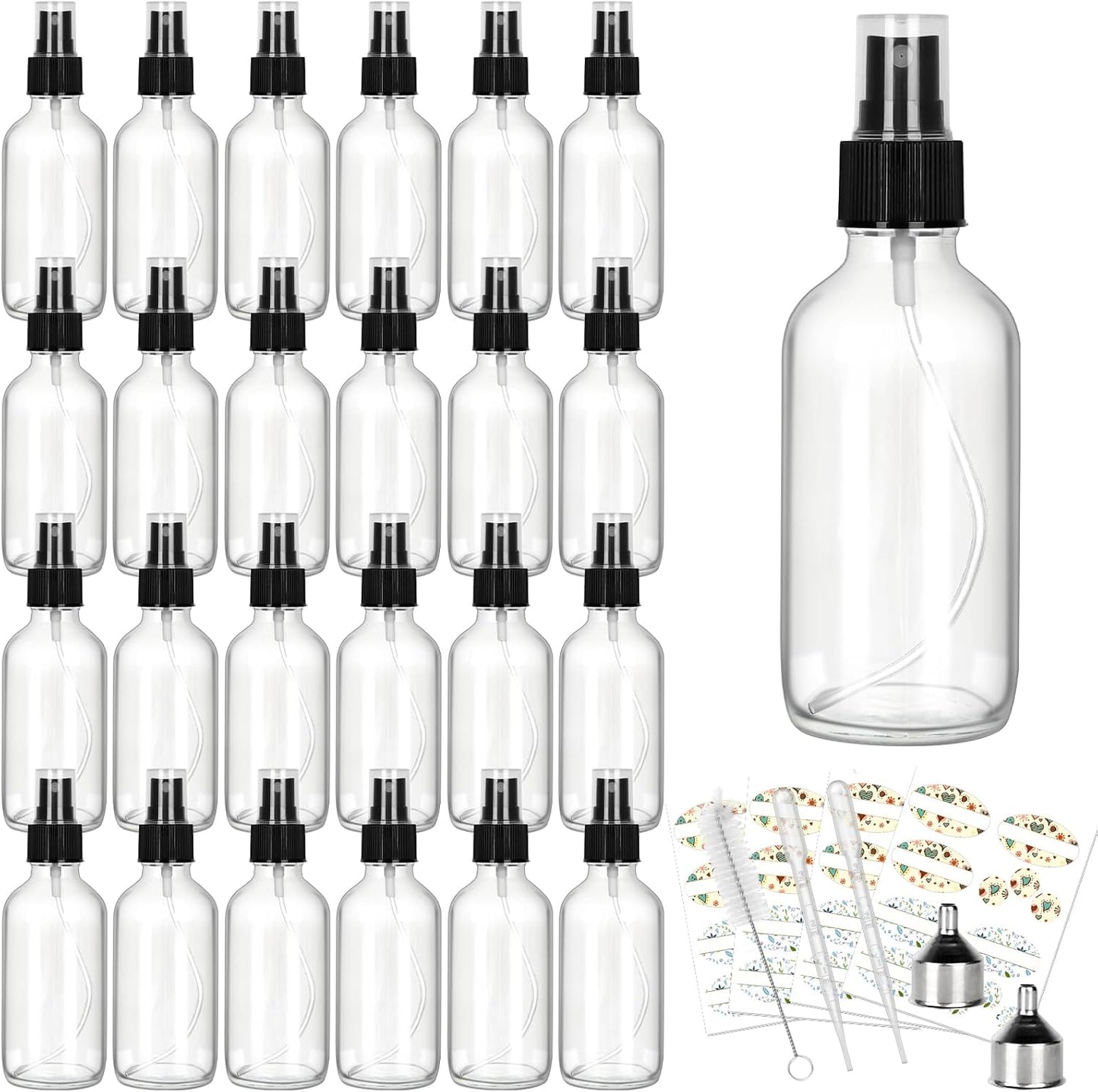 CycleMore 25 Pack 4oz Clear Glass Spray Bottles with Fine Mist Sprayers, Glass Travel Bottles for Cosmetic Essential Oils Cleaning Solutions Perfumes & More Liquids (1 Brush, 2 Funnels and 36 Labels)