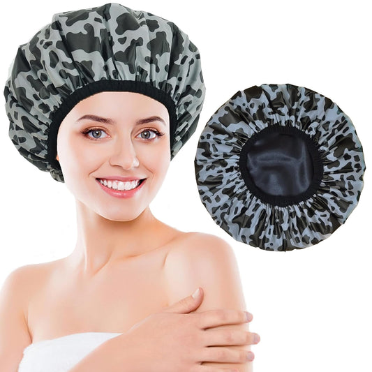 Shower Cap for Women, Shower Caps Reusable Waterproof, Large Plastic Satin Lined Shower Cap for Braids Long Hair