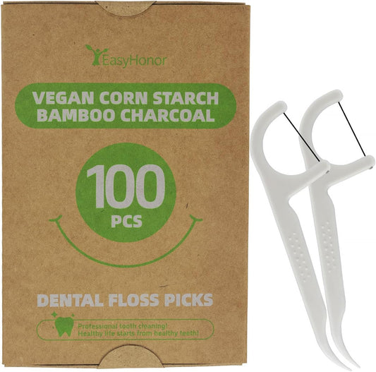 EasyHonor Organic Dental Floss Picks - Natural Biodegradable Floss Sticks with Strong Bamboo Charcoal Thread & Vegan Corn Starch Handle.(100PCS)