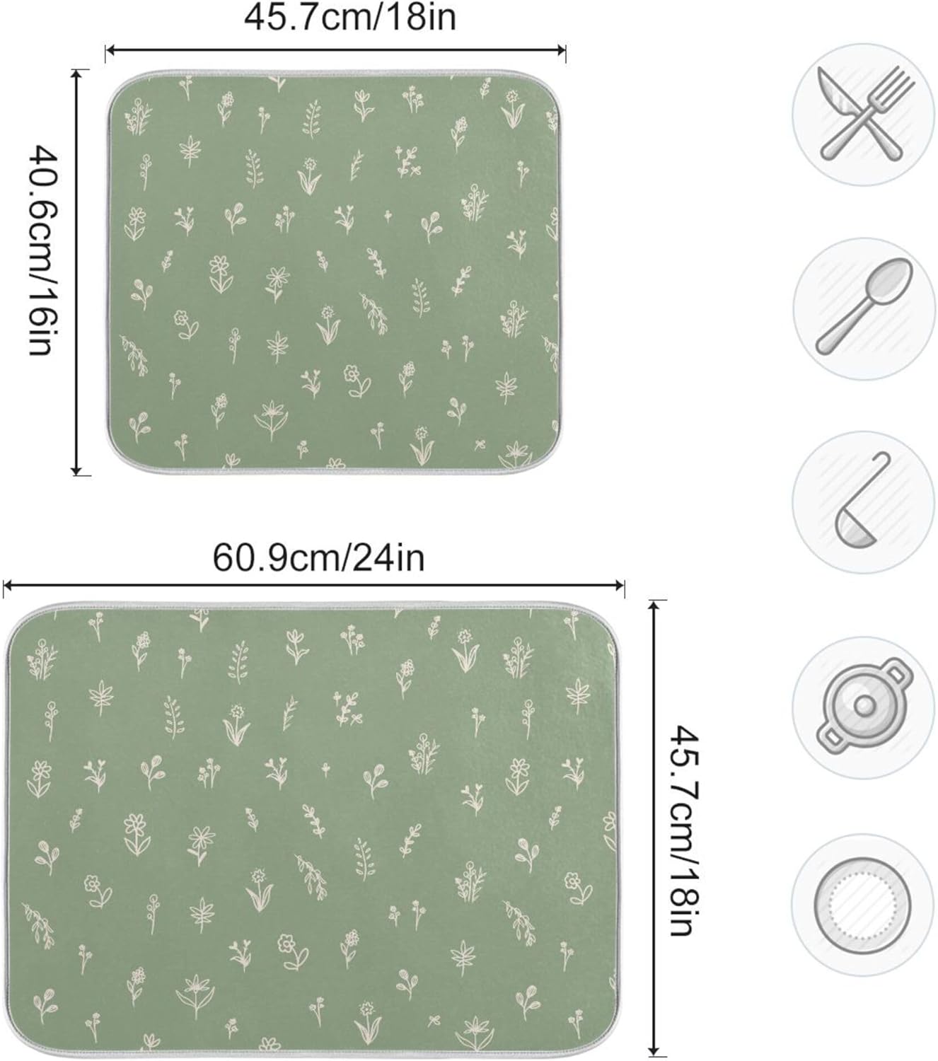 Sage Green Dish Drying Mat Quick Absorbent 16x18 Doodled Botany Flowers Leaves Herbs Plants Kitchen Drying Mat for Countertop Sink Reusable Dishes Mats Kitchen Essentials