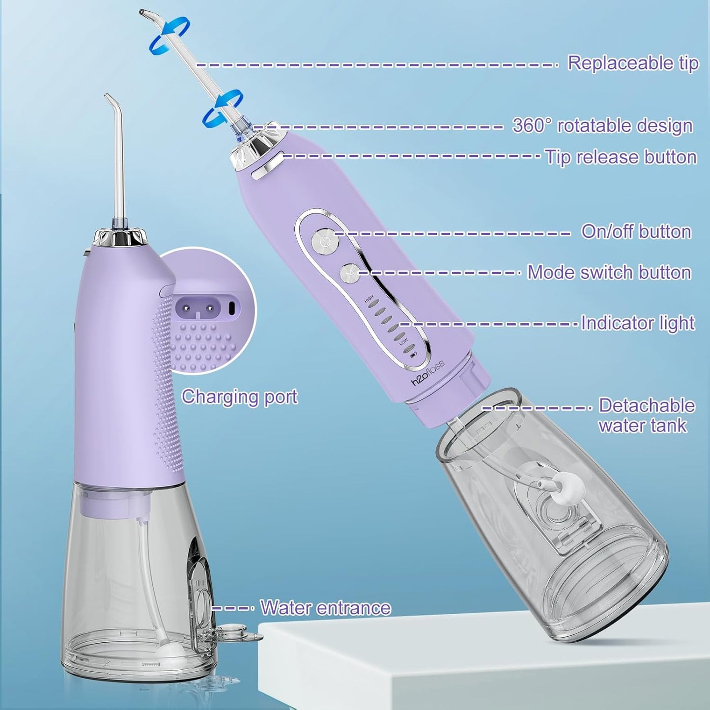 Water Dental Flosser Teeth Pick, H2ofloss Cordless Portable Oral Irrigator 300ML Rechargeable Travel Irrigation Cleaner IPX7 Waterproof WaterFlosser for Home Travel Lavender