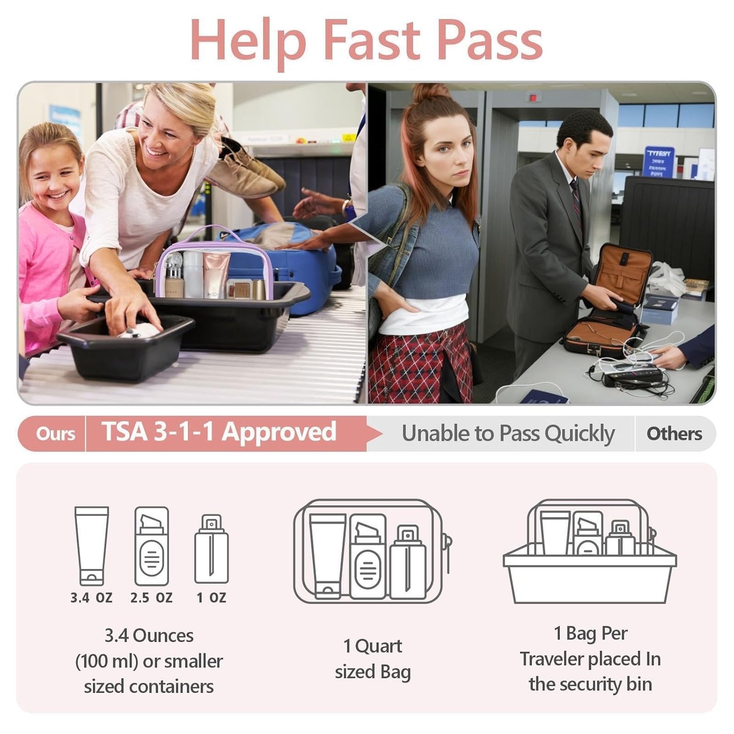 PACKISM Floral Texture TSA Approved Toiletry Bag - 180° Large Opening Clear Makeup Bags with Handle, Easily Access, Clear Travel Bags for Toiletries TSA Approved, Thick 0.5 mm, Purple