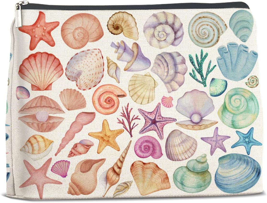 Colorful Ocean Seashell Starfish Makeup Bag Gifts for Women Beach Themed Seashell Cosmetic Bag Zipper Pouch