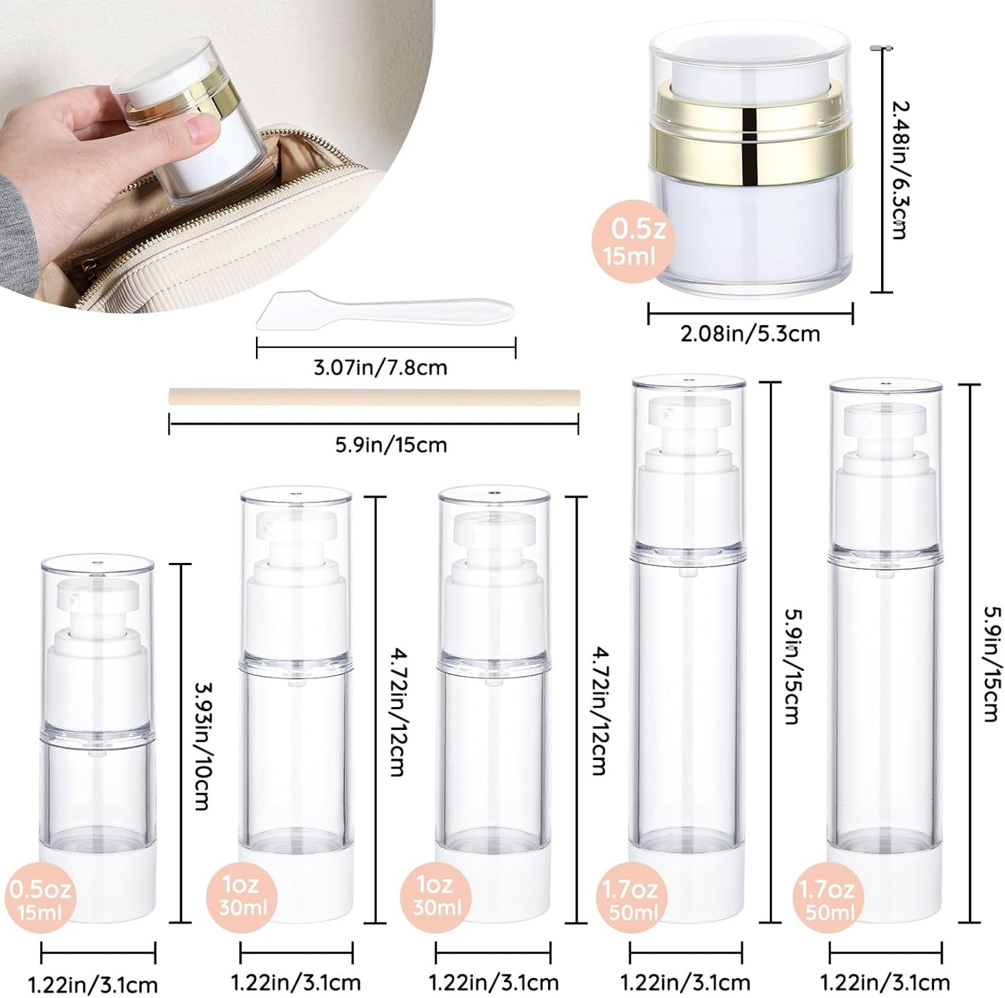 Segbeauty 7pcs Vacuum Lotion Dispenser Sprayer Set, Airless Pump Bottles Travel Size, Empty Golden Airless Pump Jar for Creams, Refillable Vacuum Fine Mist Spray Bottle Atomizer 0.5oz 1oz 1.7oz