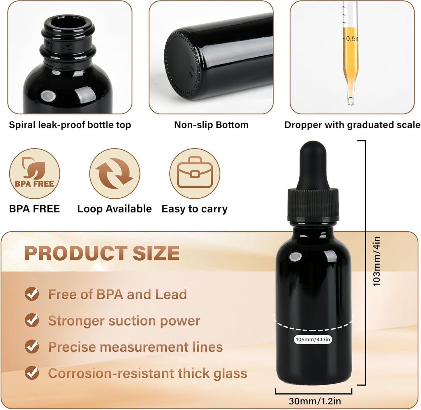 6 Pcs, 1oz Dropper Bottle, Black Glass Eye Dropper Bottle,Tincture Bottles with Dropper, Leak-Proof Design, Stronger Suction, for All Kinds of Mixed Liquids