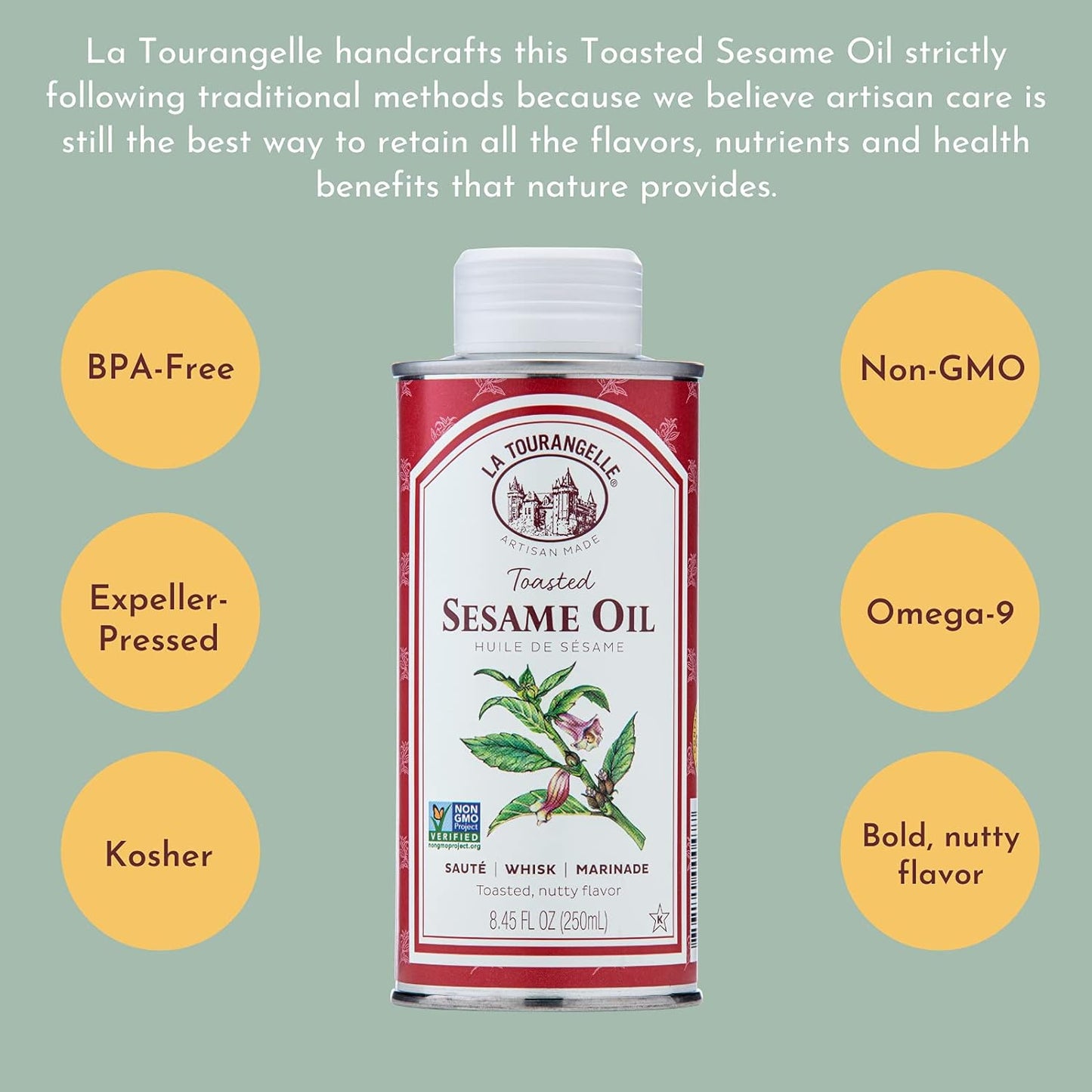 La Tourangelle, Toasted Sesame Oil, Great for Cooking, Add to Noodles, Stir-Fry, Vegetables, Vinaigrettes, and Marinades, 8.45 Fl Oz