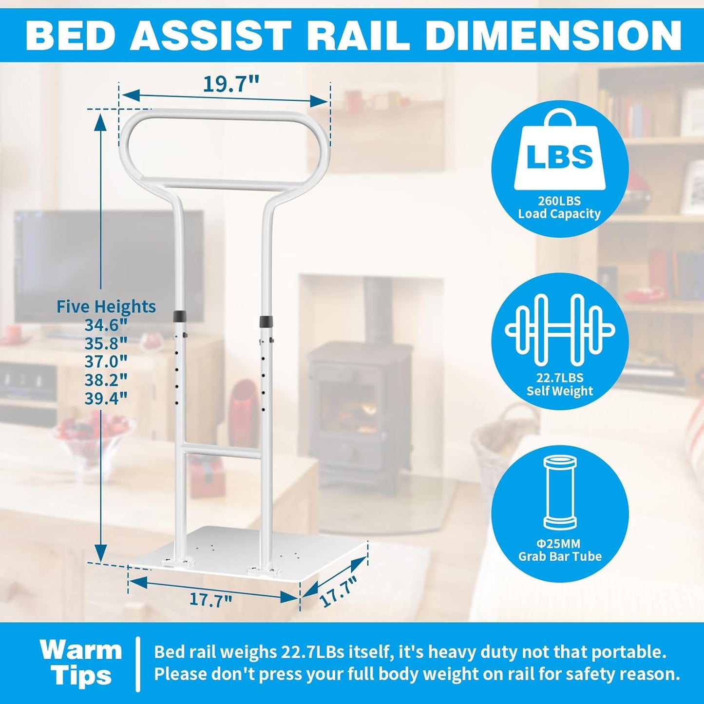 Bed Rails for Elderly Adults Safety, Adjustable Bed Cane for Elderly, Heavy Duty Stand Assist Railing for Seniors, for Couch, Chair, Full, Twin Bed (260LBS Loading, 5 Heights, White)