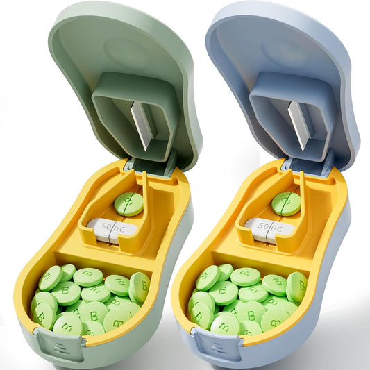 Pill Cutter for Small and Tiny Pills - Pill Splitter with Detachable Silicone Pad - Easy Open Snap Button. Wrap-Around Blade Guard Prevents Cuts. Back Storage (Green+Blue)