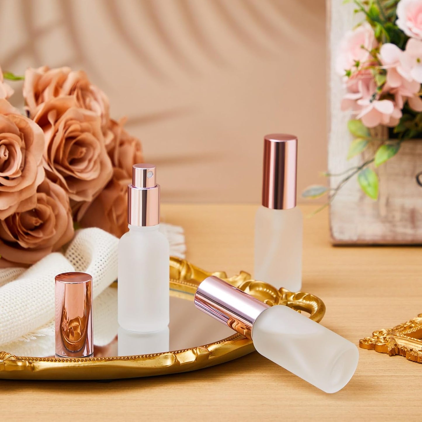 Roshtia 30 Pcs 1 oz/ 30 ml Rose Gold Glass Spray Bottle Refillable Perfume Atomizer Clear Decorative Empty Bottles with Fine Mist Sprayer Pump for Face Body Travel