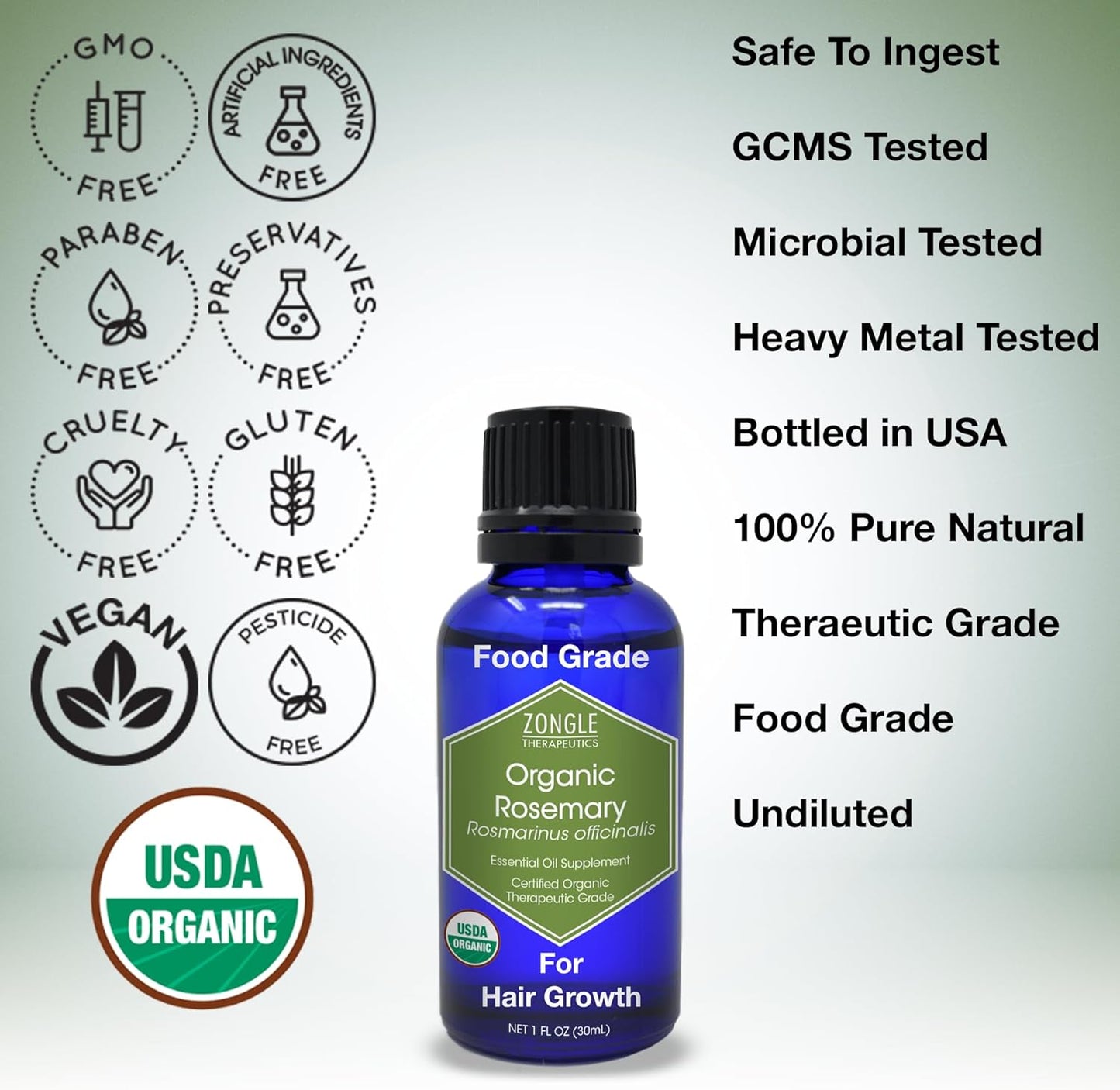 Organic, Rosemary Oil, Food Grade, for Hair, Growth – 100% Pure, Edible, Rosemary Essential Oil, by Zongle Therapeutics, 1 OZ