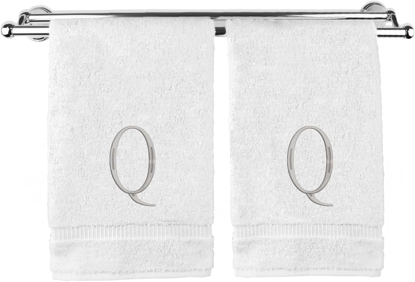 Monogrammed Hand Towel, Personalized Initial Gift, Extra Absorbent 100% Turkish Cotton - Soft Terry Finish - Set of 2 - Silver Block Initial Q - Embroidered on White Towels