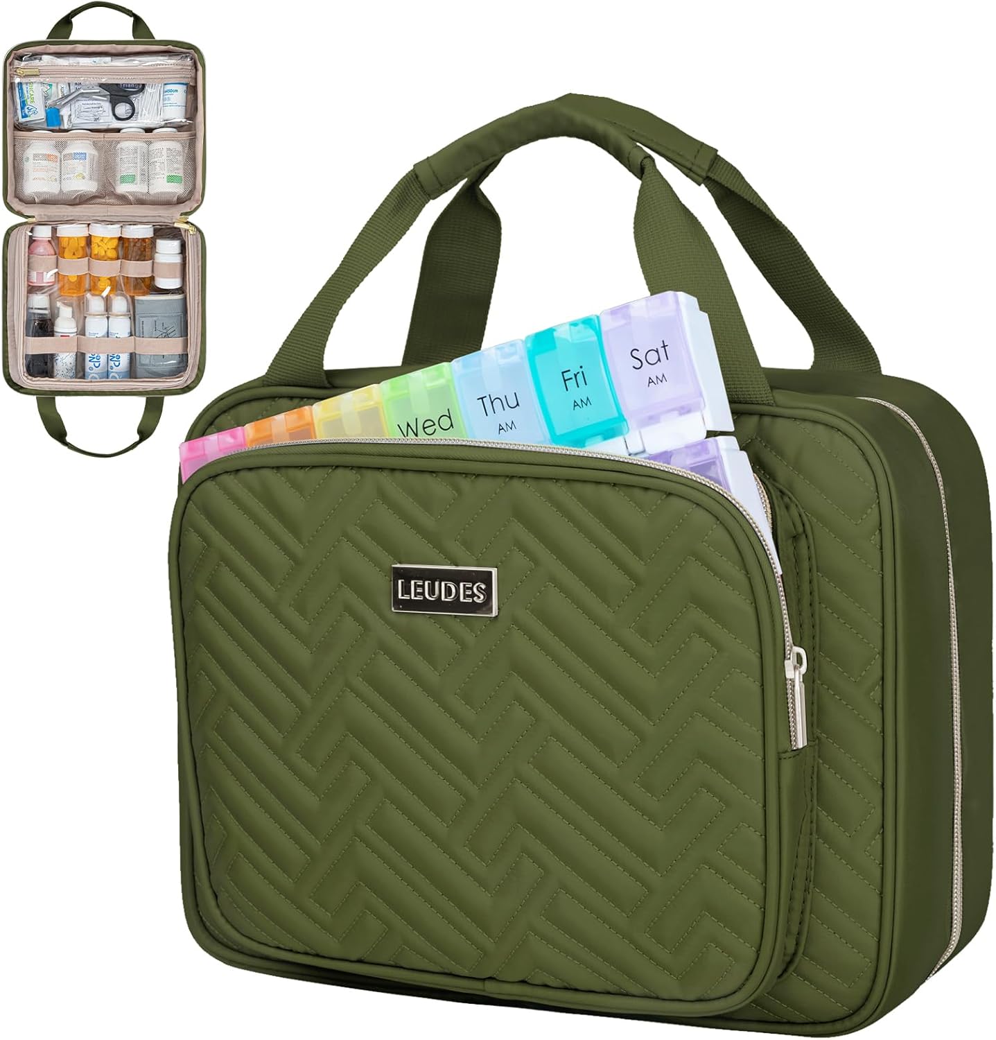 Leudes Travel Pill Bottle Organizer,Medicine Organizer and Storage,Home Medication Bag, Cases,Carrier for Pills,Vitamin,Fish Oil,Supplements for Women and Men (Large, Army Green)