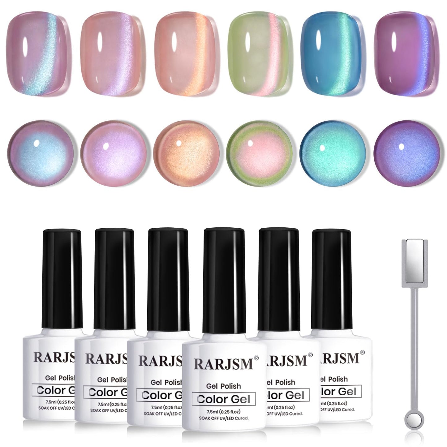 RARJSM Aurora Mermaid Cat Eye Gel Nail Polish Set 6pcs Reflective Pink Purple Green Blue Diamond Ceramic Glitter Glass Cateye Gelpolish with Magnet Stick 7.5ml Curing Requires Soak Off for Home Salon