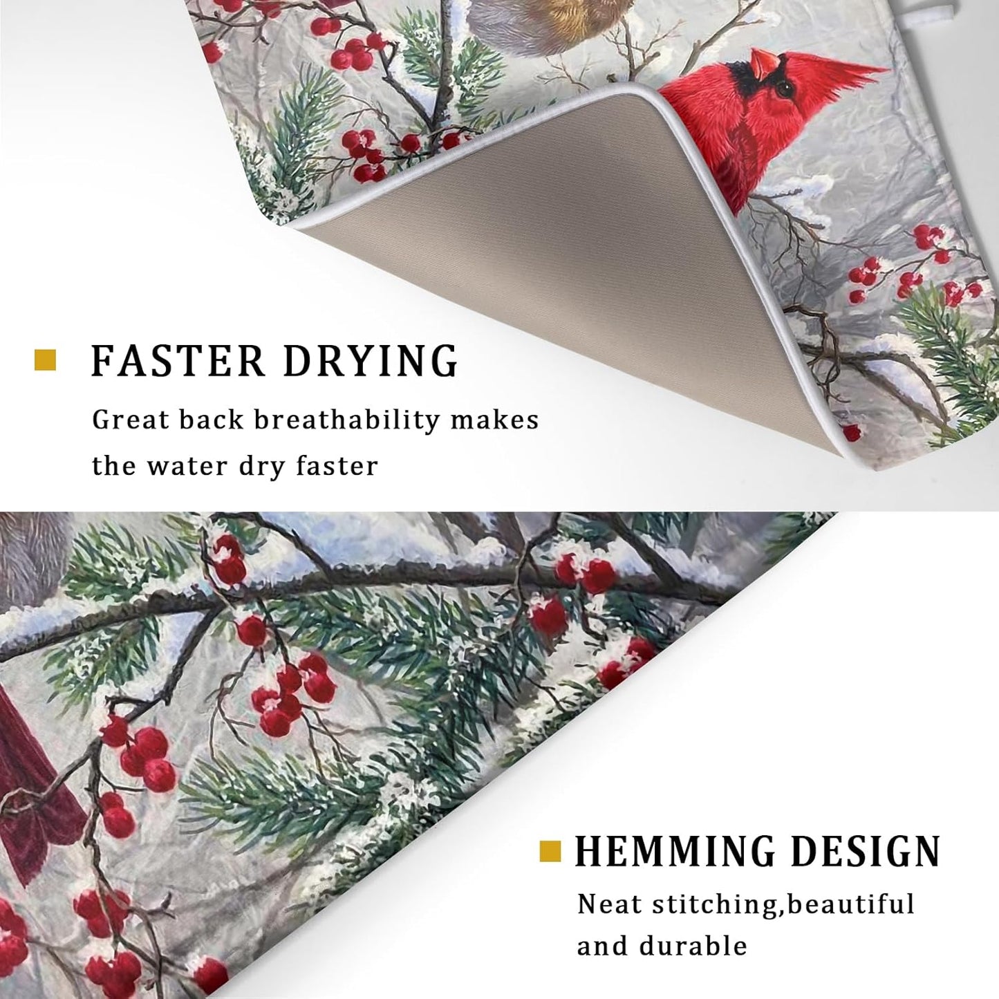 Red Bird Dish Drying Mat Merry Christmas Dishes Pad Absorbent Fast Dry Dish Drainer Mat Protector for Kitchen Counter 18 x 24 Inches