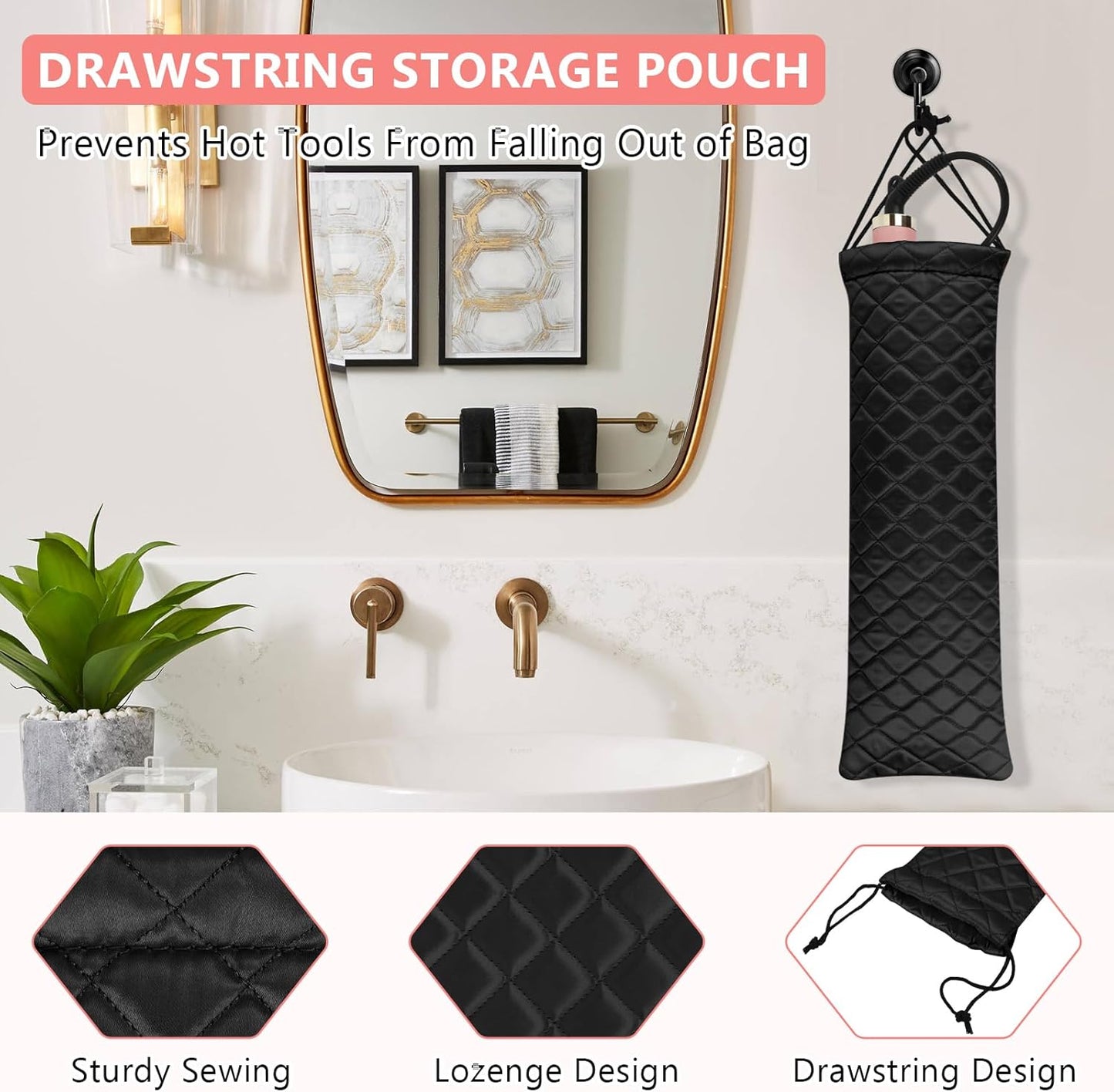 AMIJEAL Heat Resistant Hair Tools Organizer Bag Portable Travel Drawstring Storage Cover Pouch for Hair Straightening Irons, Curling Irons, Flat Irons and Hot Styling Tools(16" x 4.3")