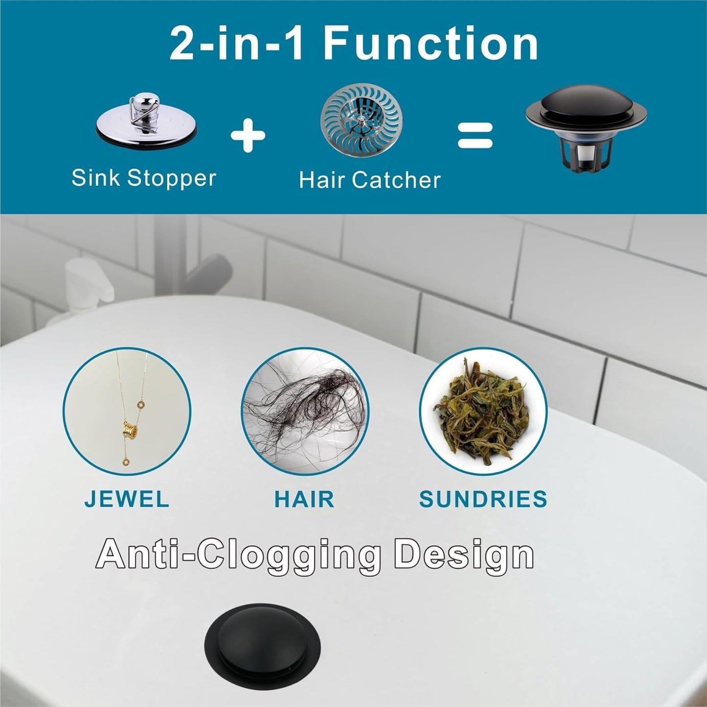 Bathroom Sink Drain Stopper,Welsan Universal Pop Up Drain Strainer with Hair Catcher for 1 1/8"-1 1/2" Drain Hole,Anti-Clogging Filter Matte Black
