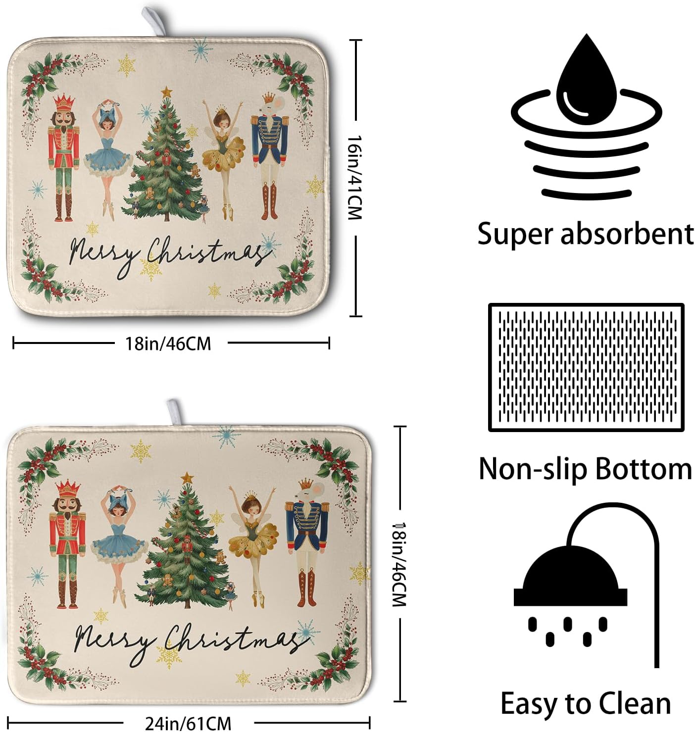 Merry Christmas Nutcracker Dish Drying Mat for Kitchen Counter 16x18 Inch Winter Xmas Tree Snowflakes Drying Mats Microfiber Absorbent Dish Drainer Washable Dish Rack Pad for Sink Coffee Bar