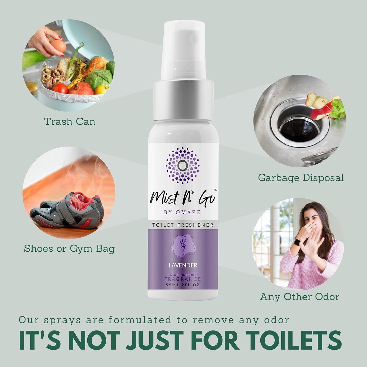 Mist N' Go by Omaze Travel Toilet Spray - Odor Eliminator & Air Freshener - Lavender Daily Pack (3oz x2)