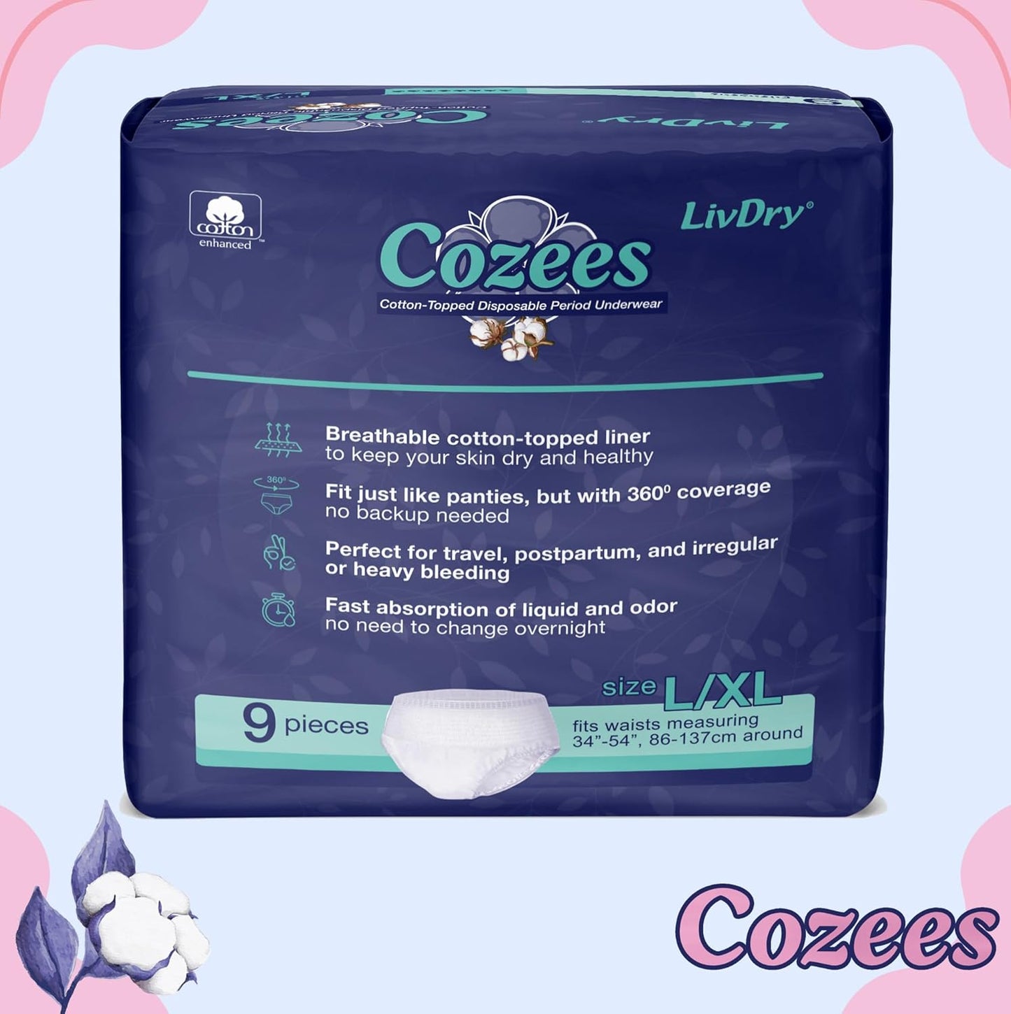 Cozees Disposable Period Underwear for Women, Menstrual and Postpartum High Absorbency, Cotton Covered Comfort, Made in USA (36 Count, Large/X-Large)