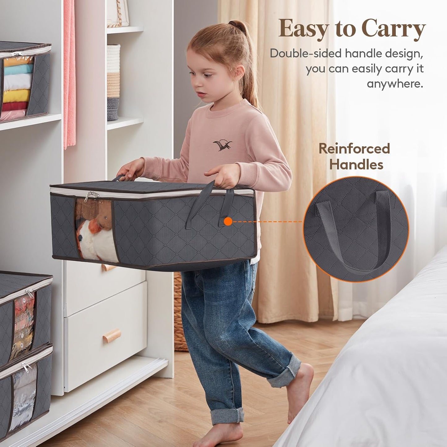 Lifewit 3 Pack Clothes Storage Bag, Foldable Storage Bin Closet Organizer with Reinforced Handle, Sturdy Fabric Blanket Storage with Clear Window, Storage Containers for Clothing, Bedding, Gray