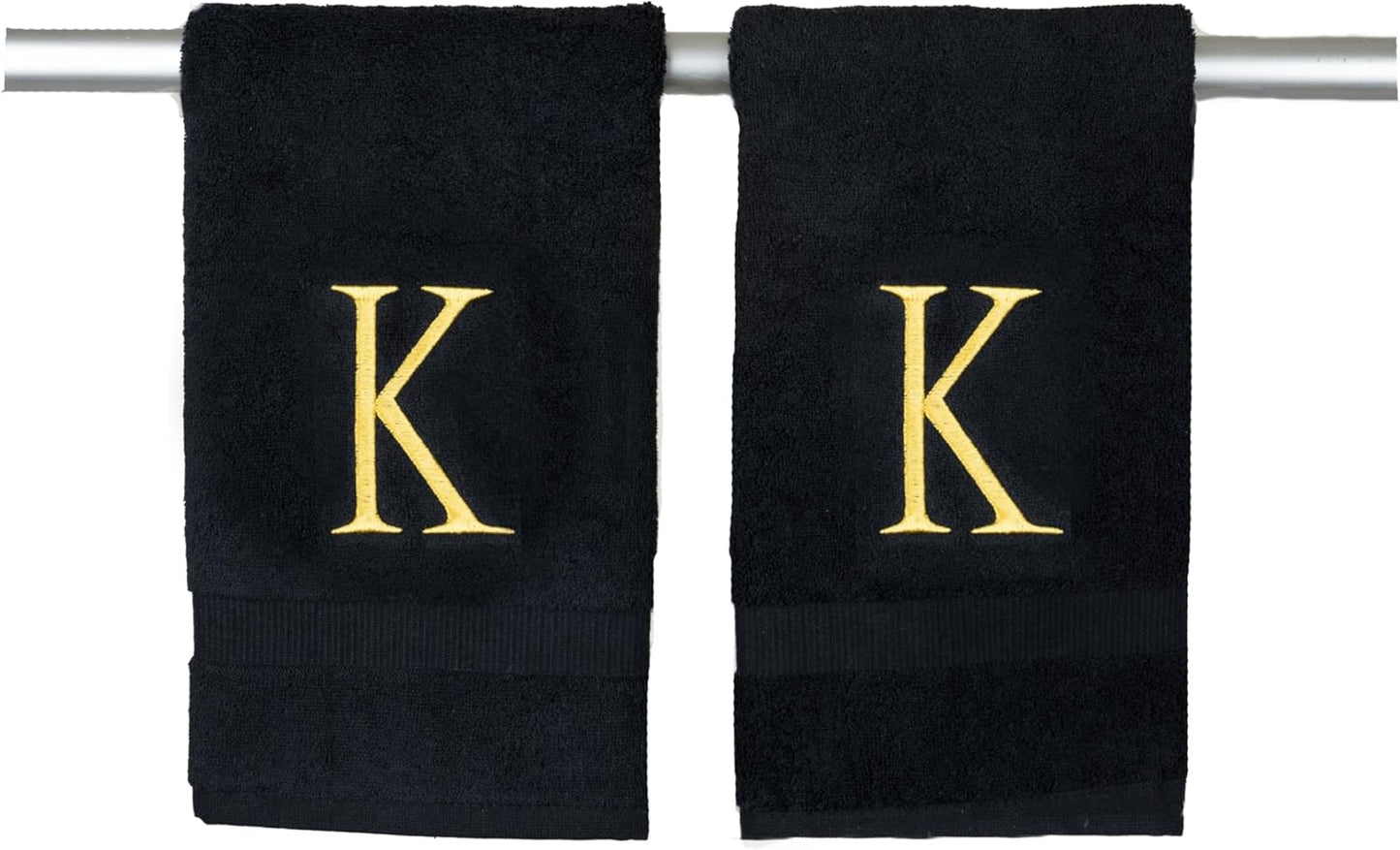 Black Monogrammed Hand Towels for Bathroom - Black and Gold Luxury Hotel Quality Personalized Initial Decorative Embroidered for Powder Room, Spa-GOTS Organic Certified - Pack of 2, Letter K