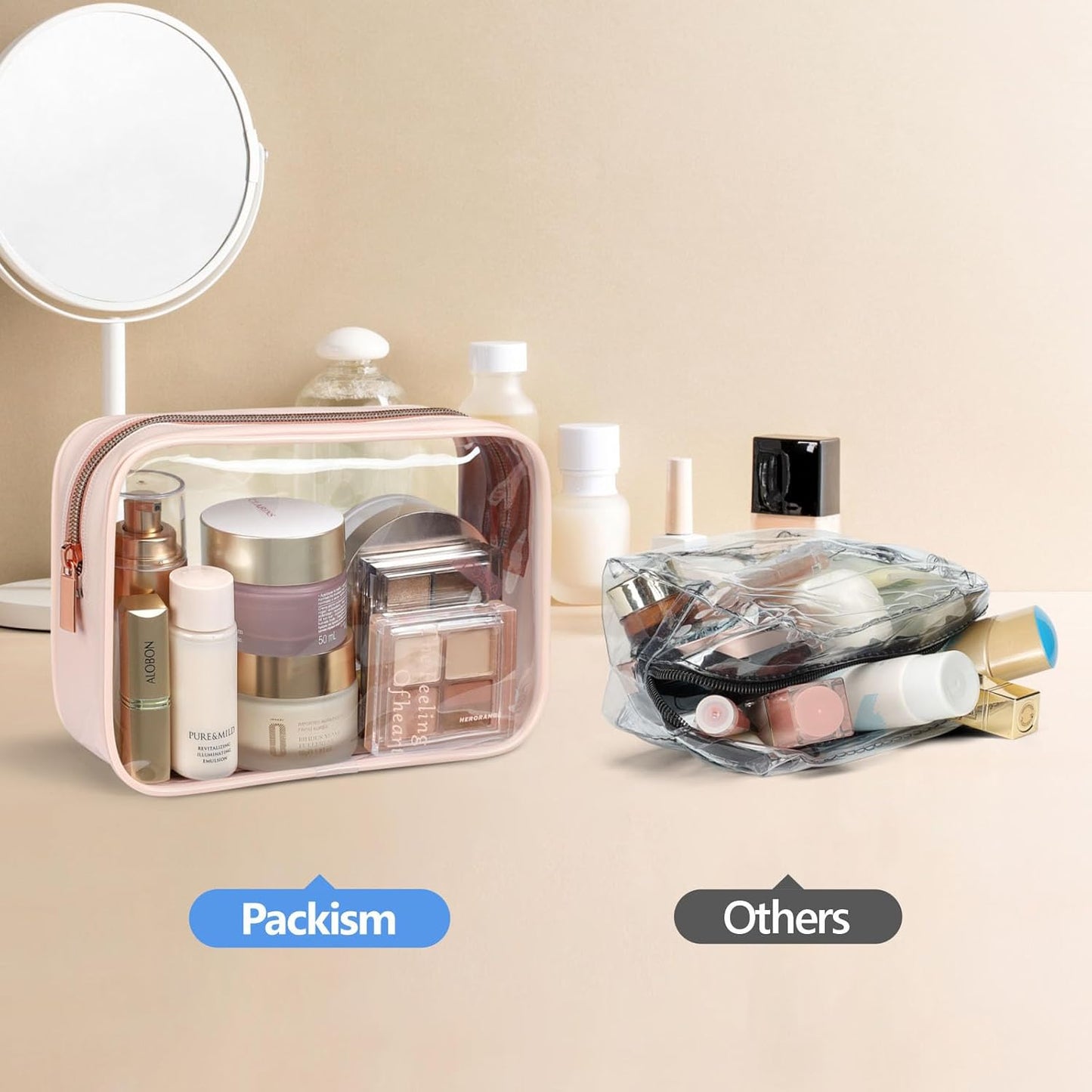 PACKISM TSA Approved Toiletry Bag - Clear Makeup Bag Waterproof Quart Size Bag, Travel Makeup Cosmetic Bag for Women, Carry on Airport Airline Compliant Bag, 3 Pack