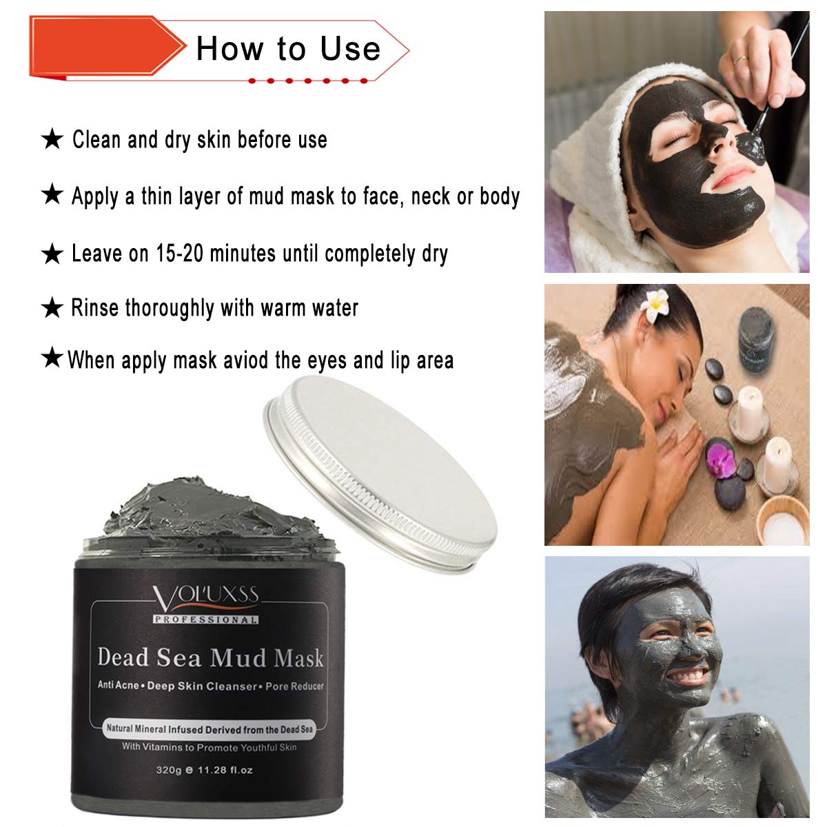 Dead Sea Mud Mask for Face and Body,Deep Cleansing Face Mask for Acne,Pore Minimizer,Natural Skincare Charcoal Blackheads Remover,Skincare Spa Clay Facial Mask for Women & Men 11.28fl.oz