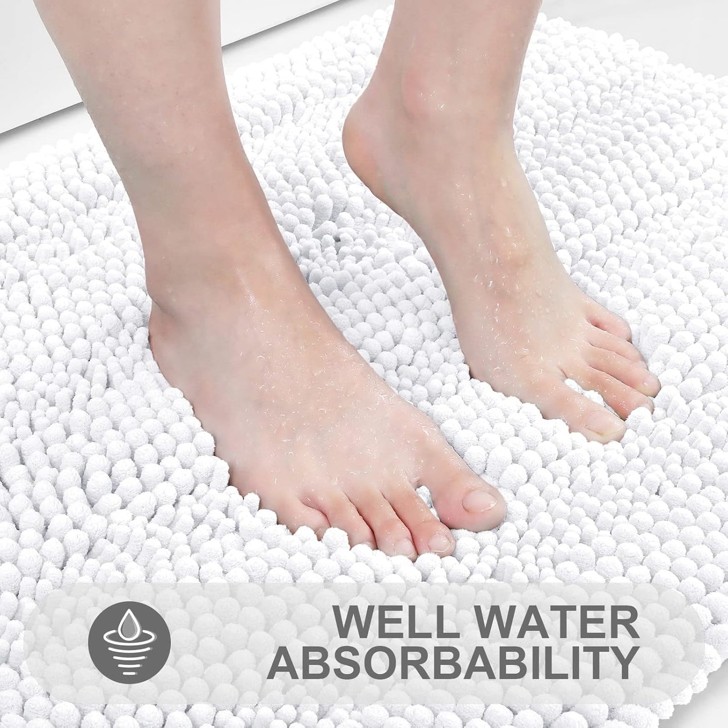 Grandaily Chenille Striped Bathroom Rugs 47x24, Extra Thick and Absorbent Bath Mats, Non-Slip Soft Plush Shaggy Shower Carpet, Machine Wash Dry, Bath Rug for Bathroom, White