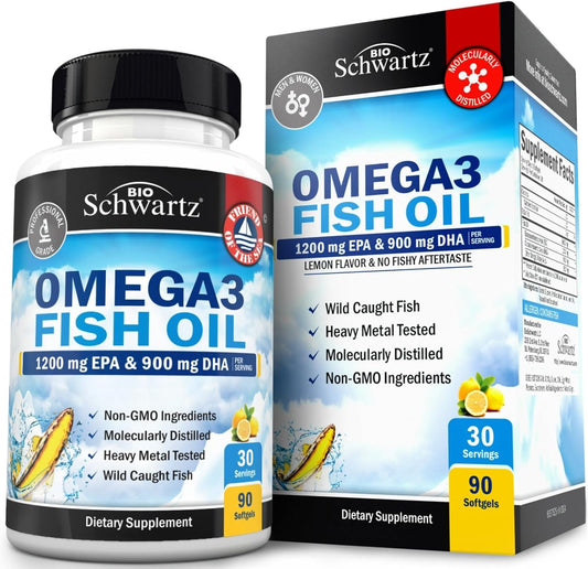 Triple Strength Omega 3 Fish Oil Supplement - 2250mg EPA DHA Omega 3 Fatty Acids from Fresh Wild Caught Fish, Burpless Lemon Flavor Formula Supports Eye Health and More, Gluten Free, 90 Softgels