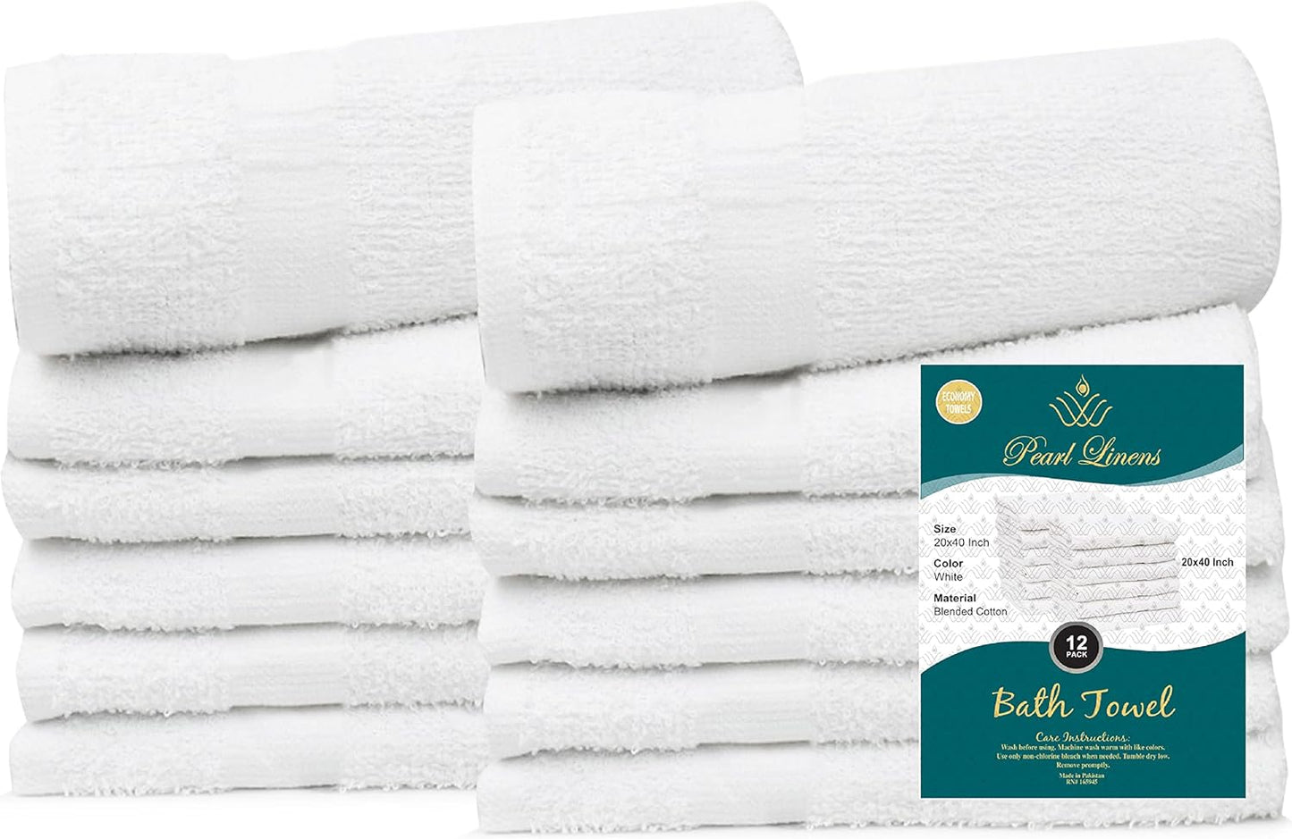 Pearl Linens Bath Towel Set of 12, Economy Cotton 20x40 Hotel Quality White Bath Towels Bulk, Lightweight and Highly Absorbent Quick Dry Towel for Home, Hotel, Spa, Gym and Bathroom, White Towel
