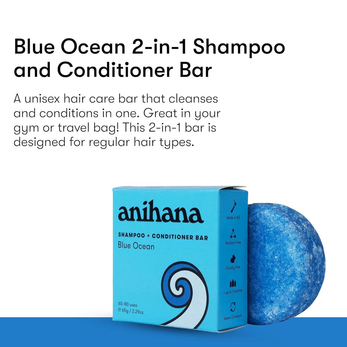 ANIHANA Shampoo and Conditioner Bar for Regular Normal Hair, Clean, Purifying, Natural, Healthy Look and Shine, Paraben Free, Blue Ocean, 2.29 oz
