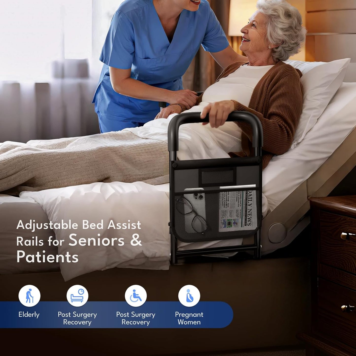 Bed Rails for Elderly Adults Safety, 350lbs Heavy Duty Bedside Assist Rail with Motion Light, Bed Safety Cane with Storage Pocket & Fixing Strap, Fit King/Queen/Full/Twin & Adjustable Bed (Black)