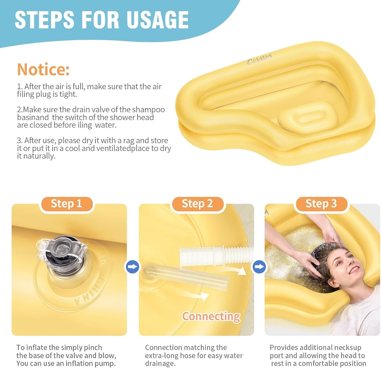 Portable Inflatable Shampoo Basin for Bedridden & Elderly - Zero Pooling Design | Fast-Drain Slope & Neck Support | Portable Hair Wash Bowl, Drain Hose | Hospital PVC | Home Use (Yellow, Large)