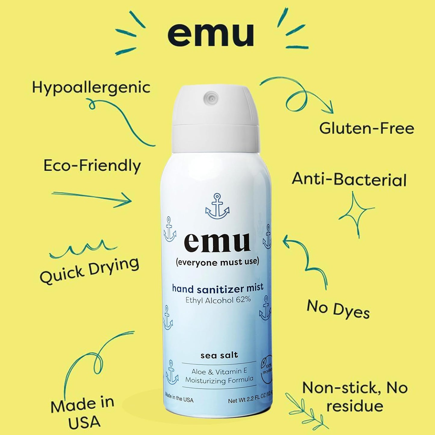 EMU (EVERYONE MUST USE) Hand Sanitizer pocket spray, Travel size 2.2oz. Cleanses Your Hands, Hydrating. Hand soap bulk. 24-hour disinfectant sanitizing. Made in USA (Sea Salt_3)