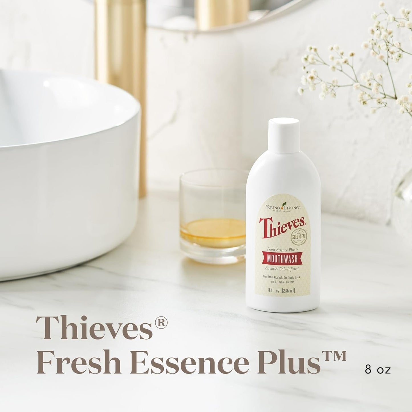 Young Living Thieves Fresh Essence Mouthwash | Alcohol-Free 8 fl oz Mouthwash Infused with Essential Oils | Gentle, Refreshing Oral Care for Long-Lasting Fresh Breath & Healthy-Looking Smile